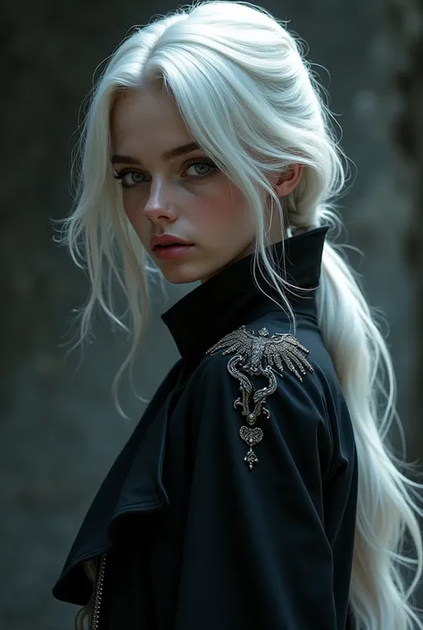 A beautiful young girl with white hair but a small strand of black, black eyes, wearing an assassin outfit 