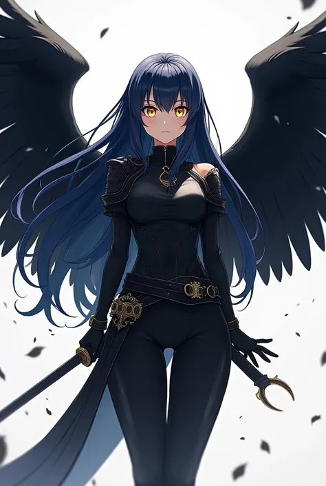 ( top quality,  best angle quality ,  official art ,  full body,  and aesthetics :1.2)  Anime Girl, Crow wings on the back,  golden eyes, Long dark blue hair, Armadura preta, black shirt,  black pants,  holding sword.
