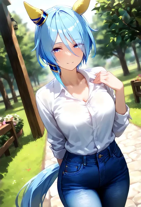 (masterpiece), highly detailed, best quality, (high resolution), 8k, 1girl, solo, k.s.miracle \(umamusume\), short hair, blue hair, horse ears, horse girl, horse tail, blue eyes, cinematic angle, looking at viewer, outdoor, jeans , dress shirt, gentle smil...