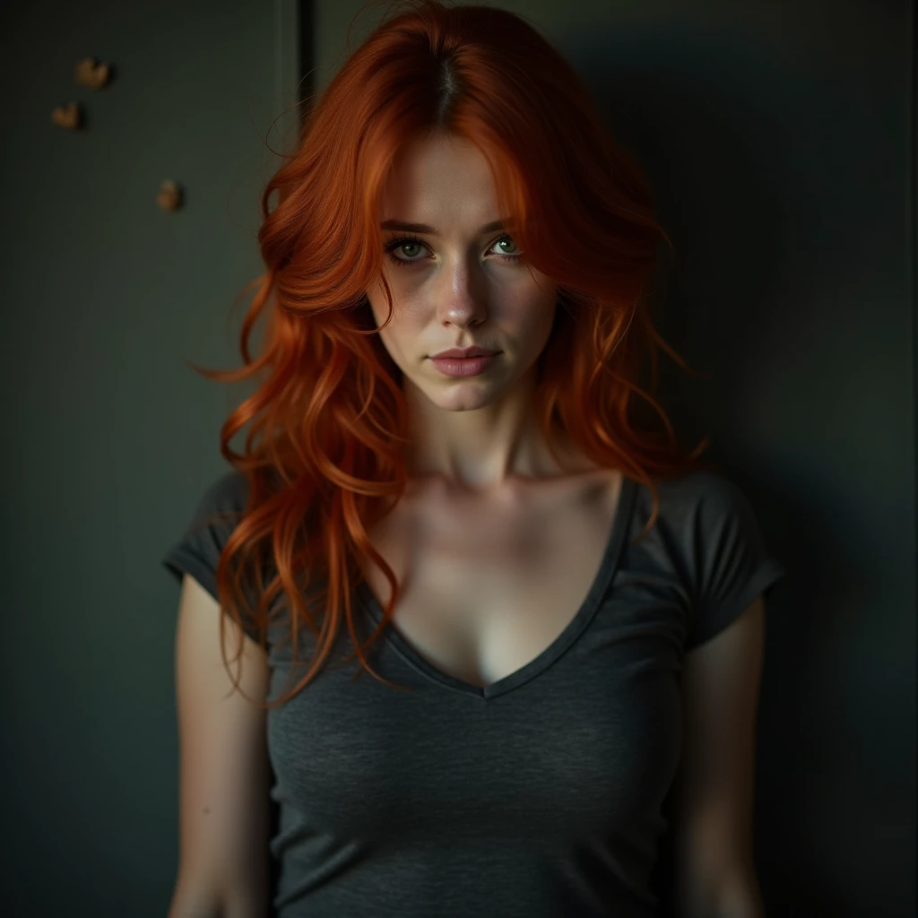 beautiful red-haired woman hiding a secret with big breasts in a t-shirt real photo close-up