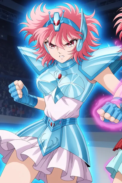 score_9, score_8_up, score_8, score_7_up, source_anime, anime screencap,
Shouko, 1girl, solo, short hair, pink eyes, pink hair, bangs,, Equuleus Armor, Equuleus Helmet, skirt, gloves, fingerless gloves, armor,
punch, aura, clenched hands, fighting stance, ...