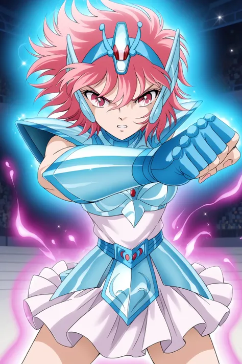 score_9, score_8_up, score_8, score_7_up, source_anime, anime screencap,
Shouko, 1girl, solo, short hair, pink eyes, pink hair, bangs,, Equuleus Armor, Equuleus Helmet, skirt, gloves, fingerless gloves, armor,
punch, aura, clenched hands, fighting stance, ...