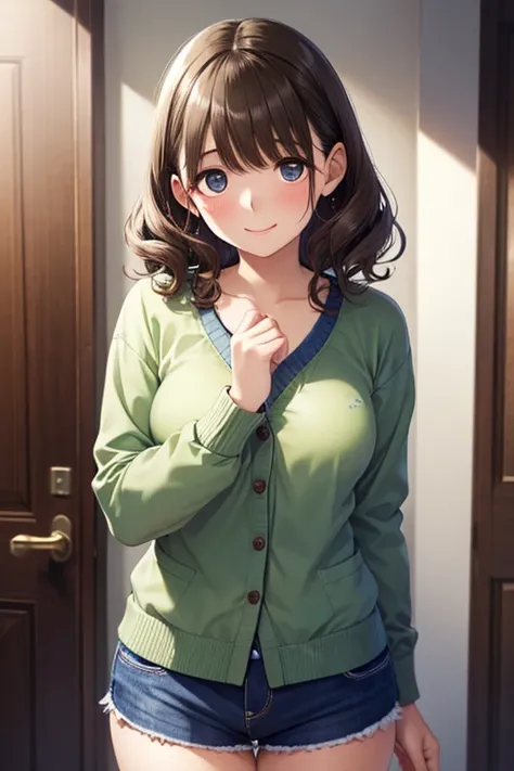 anegasaki nene, shiny chestnut hair, (brown pretty eyes, sparkling eyes, fine eyes), smiling face, super detailed eyes, highly detailed face, highly detailed eyes, (masterpiece:1.2, best quality), 1 girl, cowboy shot,, 


cowboy shot,


green cardigan and ...