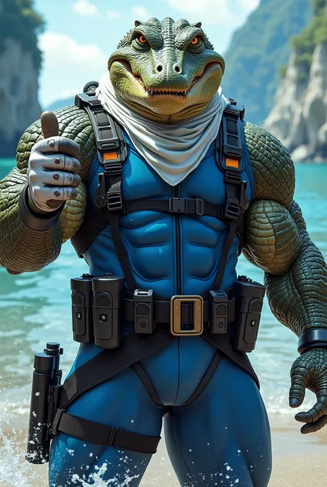 (A rugged beefy extremely muscular bulky crocodile man), (wearing blue fully-zipped fullbody wetsuit), thumbs up pose, wearing bulky harness, wearing bulky scuba gear, wearing white hero scarf, muscular physique, toned muscles, fierce, heroic, action, comi...