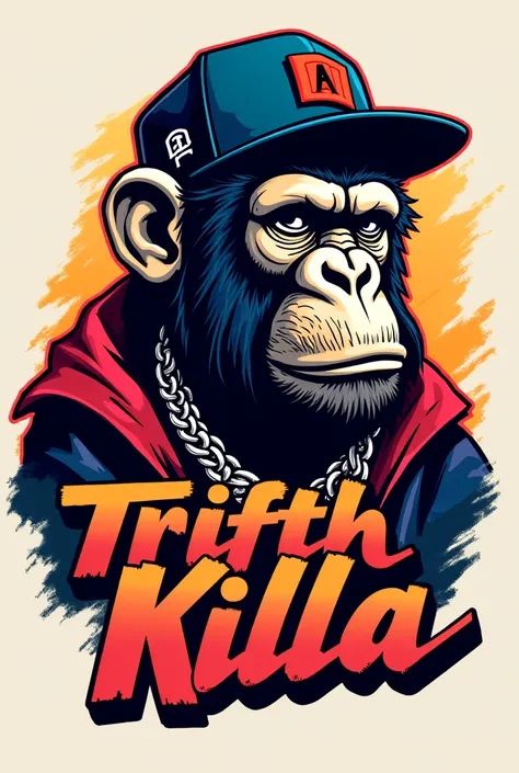 Clothing logo name TRIFTH KILLA COLLECTION with a cool font and a ape wearing new era cap and accessories 