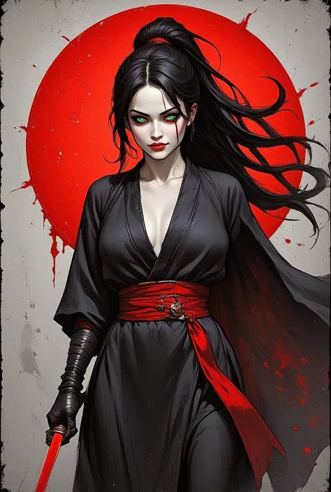 score_9, score_8_up, score_7_up, score_6_up,
fusion of watercolors and oil paintings, mix of monochrome and color, black ink. An animated image of a fierce warrior woman in a dynamic action pose. She is dressed in a black robe with a deep red sash around h...