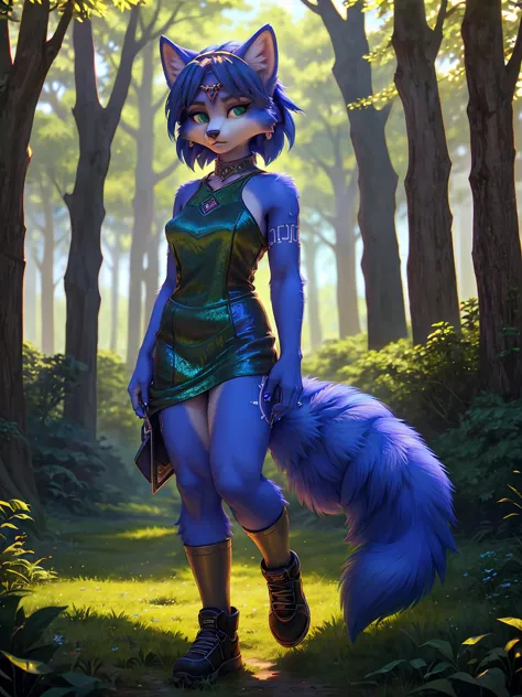 ((krystal)), Star Fox-Krystal, lovable,     green eyes, (((    long blue hair 1  .3))), Decollete, anthro, blurred,  detailed Fluffys fell,    detailed face , (Fluffy),     1 girl, ,woman, Goth,     green eyes, Undercut,   ultra-realistic 8k CG    ,     ma...