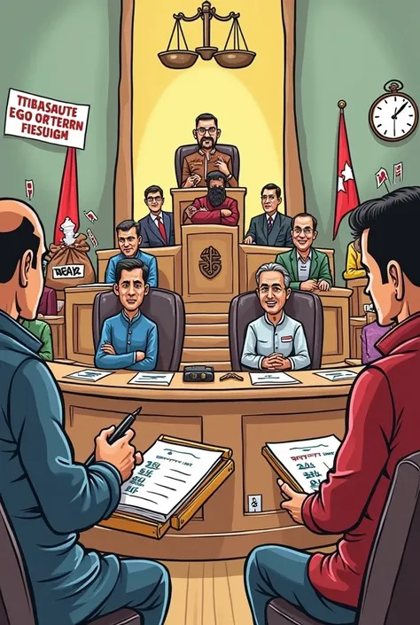 A satirical cartoon-style illustration of the Nepal government discussing a controversial bill. Show ministers in traditional Nepali attire sitting in a parliamentary setting, with exaggerated expressions and symbolic elements like a scale tipping unfairly...