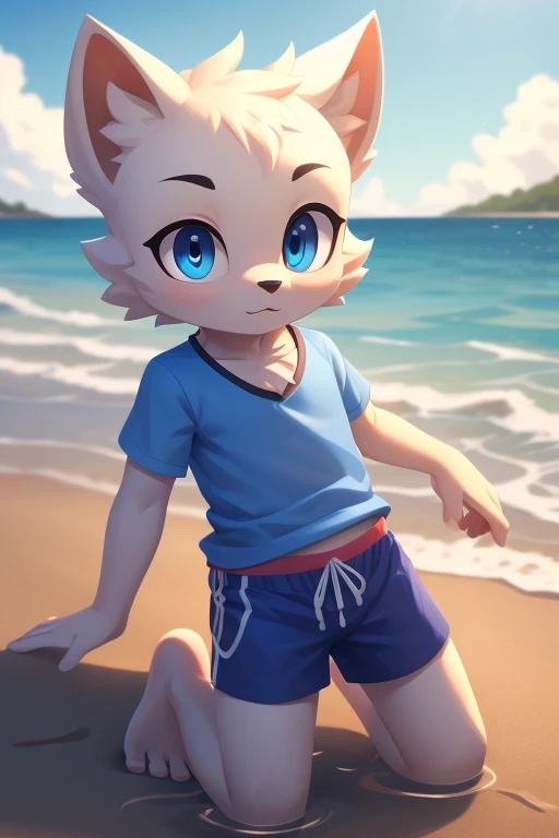 High quality, a masterpiece, lens aperture 1.4, white fur, blue shirt, rose logo, swimming trunks, blue eyes, bare feet, beach background, cinematic shot, wonderful work, high details, detailed body 