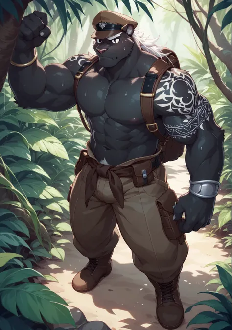 Black Panther,Best quality , Ultra High Resolution , Muscle Development,30 years old, Delicate Eyes , Arm Ring Tattoo,White Tattoo ,5 fingers ,White Paws ,Handsome,由null-ghost,Takemoto Arashi, Handsome,delicate face,alone,jungle,explorers, Black Skin,Hand-...