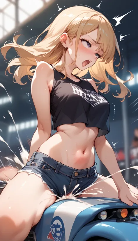  Masterpiece,  high resolution,  top quality ,8k
(  Black Crop Top,  denim shorts,belly button)( rides on a rodeo machine)

( is shaking,Jump, Motion Blur )
((  abdominal bulging semen, look away, orgasm))
