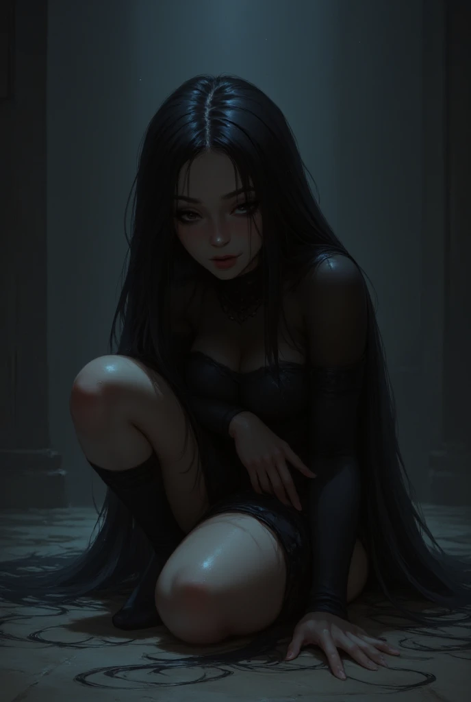 girl crouched on the floor, one hand in her hair, her huge straight hair touching the floor, short gothic clothes, pinkish white skin, poorly lit environment,  skin details, 4k image, woman dressed in black clothes 