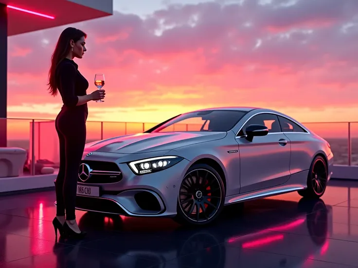 A woman in a bard suit standing on a balcony at sunset with a glass in her hand stands next to her a Mercedes-Benz CLS 63 AMG C218, the spotlight shining on a vibrant White color, emphasizing its aerodynamic design and impressive aerodynamics, neon reflect...