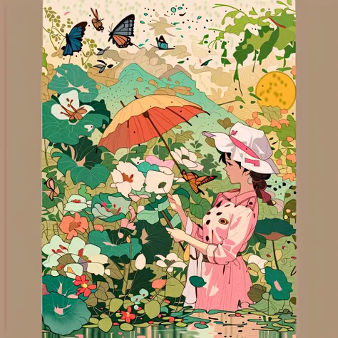 (Painting:1.5), ( National Science Foundation :1.2), A woman happily spinning in the rain,  in the seat, Flowery , Lycianthes , is available in light pink and light blue styles...,  dreamy and romantic composition ..., Flowers fell on her face, Collage-bas...