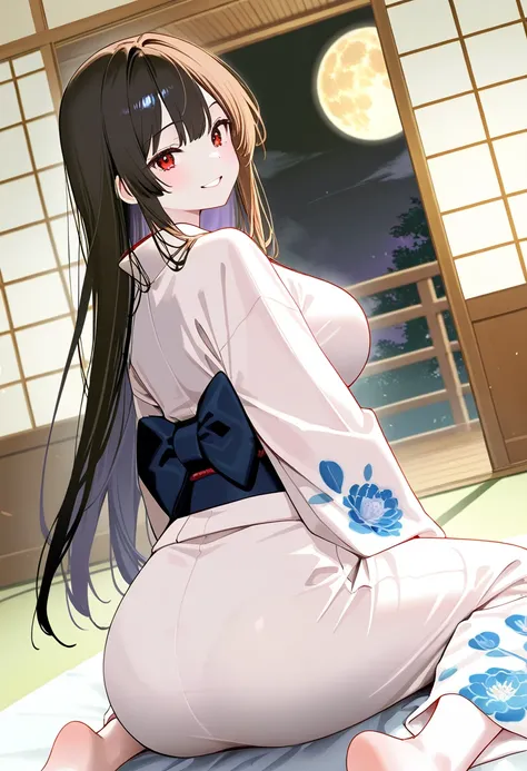 score_9,score_8_up,score_7_up,rating_safety,source_manga,masterpiece,best quality,hyper detailed,super fine illustration,8k,cinematic angle,from front,BREAK Ghostgirl,long hair,little smile,white skin,white kimono,BREAK dark sky,moon,TV,japanese room,backg...