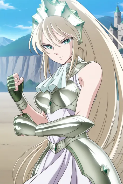 detailed, absurdres, highres, masterpiece, best quality, amazing quality, official anime artwork, screencap, anime screencap, outside, day, 
Katya, 1girl, solo, green eyes, long hair, very long hair, ponytail, blonde hair,, Northern Crown Armor, Northern C...