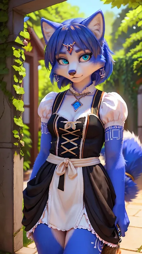 ((krystal)), Star Fox-Krystal, lovable,     green eyes, (((    long blue hair 1  .3))), Decollete, anthro, blurred,  detailed Fluffys fell,    detailed face , (Fluffy),     1 girl, ,woman, Goth,     green eyes, Undercut,   ultra-realistic 8k CG    ,     ma...