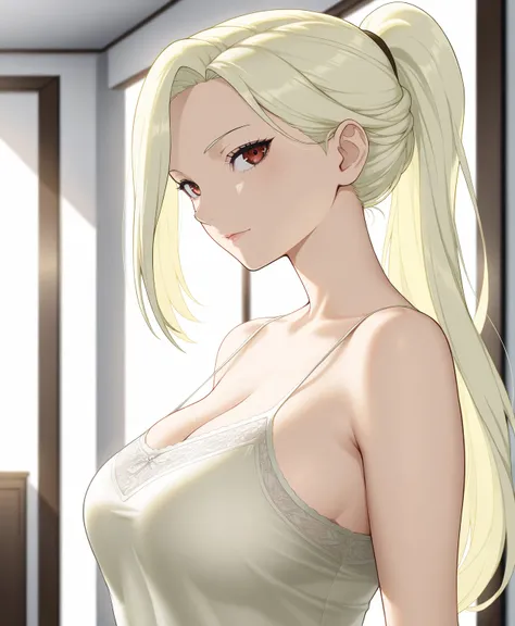 Masterpiece, elegant mature woman, ino yamanaka, long hair, high ponytail long hair, light yellow color hair, tall body, camisole, upper body, dynamic lighting, ultra detailed, highres, absurdres, home,  ino\(boruto\) style, stunning visual cg, looking at ...