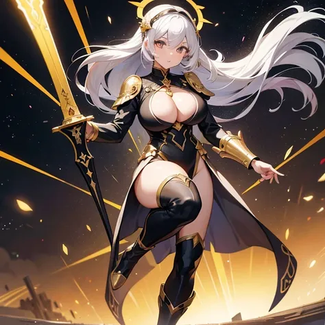 a woman in a black and gold outfit holding a sword, knights of aries zodiac girl, portrait knights of aries zodiac girl, anime goddess, cyborg goddess in cosmos, extremely detailed artgerm, white haired deity, portrait anime space cadet girl, best anime 4k...