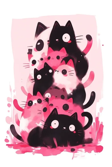 flat color, vivid colors, cute, ink painting, black and pink, cat on cat on cat on cat on cat on cat on cat