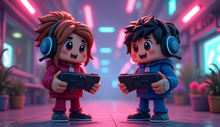 2 pixelated characters looking at us, smiling and holding controllers and put headphones on their heads