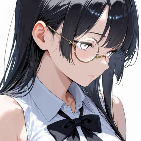  black hair　 with long hair 　 stunned face 　Tension　Fatigue　 white eyes　collared shirt with black bow　 monocle　 sleeveless