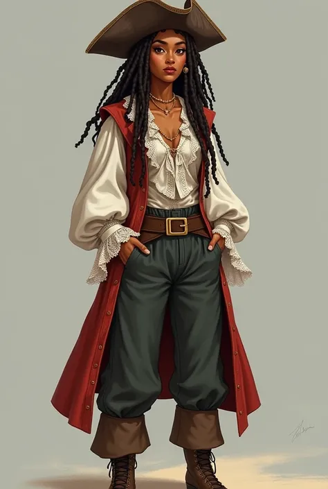 A young woman, 19 years, thick dreadlock rastafarian hair, pirate hat, wearing pirate overcoat and a white, long-sleeved shirt with a high, ruffled collar and lace details. The shirt features multiple tiers of lace ruffles cascading down the front, around ...