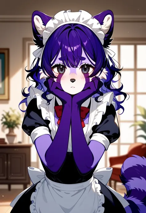 One, score_9,score_8_higher,score_7_higher, Anthropomorphic fluffy red panda boy,  purple fur ,  black eyes ,  disheveled wavy hair  ,  seductive look  ,  slim, ideal body,  thick,  wide hips , with maid outfit , inside,  shy pose ,  hands to face 