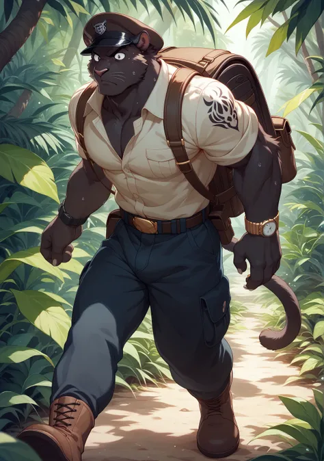 Black Panther,Best quality , Ultra High Resolution ,30 years old, Delicate Eyes , Arm Ring Tattoo,White Tattoo ,5 fingers ,White Paws ,Handsome,由null-ghost,Takemoto Arashi, Handsome,delicate face,alone,jungle,explorers, Black Skin,Get the map,Black Panther...