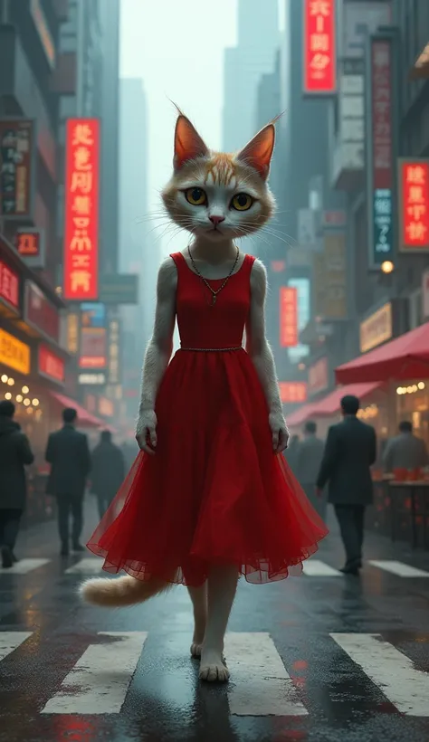 "Walking down city street with tears of female cat dressed in red dress looking at her."

