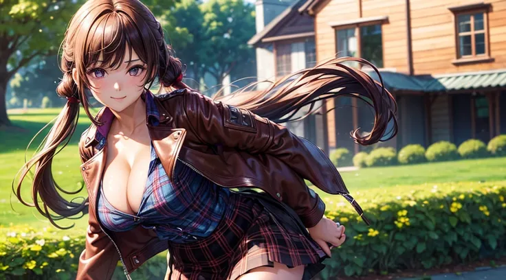 1girl, summer, trees, house, fantasy landscape, red strait hair, twintail, large full breasts, purple eyes, ((brown leather jacket)), ((blue checked shirt)), ((unbuttoned shirt)), unbuttoning buttons, ((cleavage)), ((black and red pattern skirt)), ((cleava...