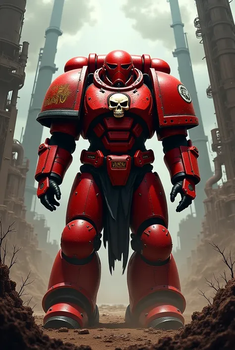 blood angel marine without helmet, warhammer 40k, skull, red, distopic background