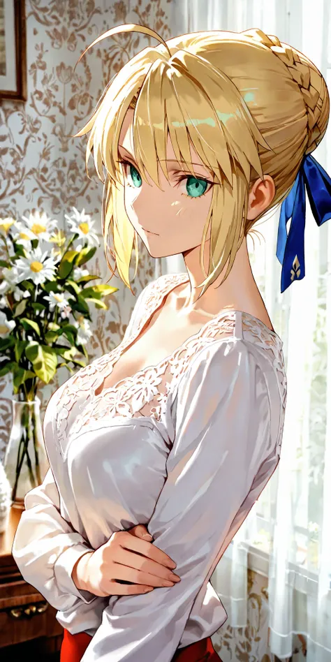 Masterpiece, mature woman, artoria pendragon (saber) (fate), bang, slim, upper body, white shirt, long sleeves, ultra detailed, highres, absurdres, white room, portrait, fate/stay night by ufotable studio style ,red and white colour costume, attractive des...