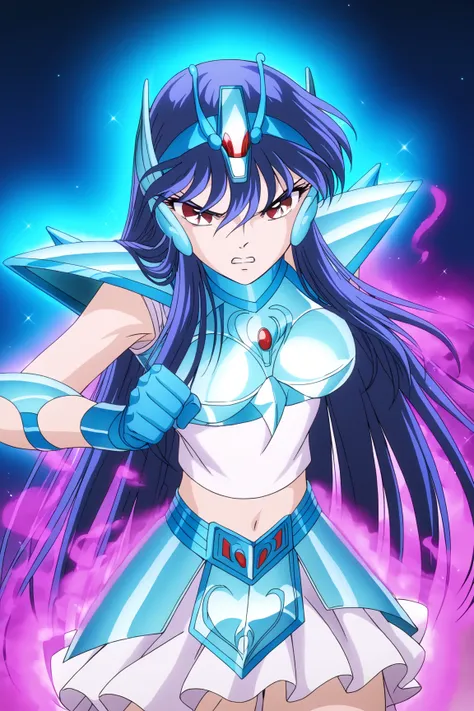 score_9, score_8_up, score_8, score_7_up, source_anime, anime screencap,
Kyouko, 1girl, solo,  long hair, red eyes, blue hair,, Equuleus Armor, Equuleus Helmet, long hair, gloves, midriff, armor,
punch, aura, clenched hands, fighting stance, blue aura, dyn...