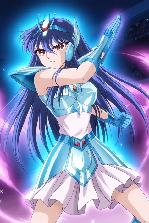 score_9, score_8_up, score_8, score_7_up, source_anime, anime screencap,
Kyouko, 1girl, solo,  long hair, red eyes, blue hair,, Equuleus Armor, Equuleus Helmet, long hair, gloves, midriff, armor,
punch, aura, clenched hands, fighting stance, blue aura, dyn...