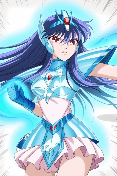 score_9, score_8_up, score_8, score_7_up, source_anime, anime screencap,
Kyouko, 1girl, solo,  long hair, red eyes, blue hair,, Equuleus Armor, Equuleus Helmet, long hair, gloves, midriff, armor,
punch, aura, clenched hands, fighting stance, blue aura, dyn...