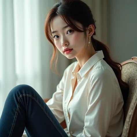  masterpiece, 8k,  photorealistic,23-year-old woman,  Japanese woman with a round face  ,  glowing skin like porcelain  ,  porcelain shiny skin , Long Hair, brown hair, low ponytail, earrings, facing the front , dark blue skinny jeans,long sleeve shirt wit...