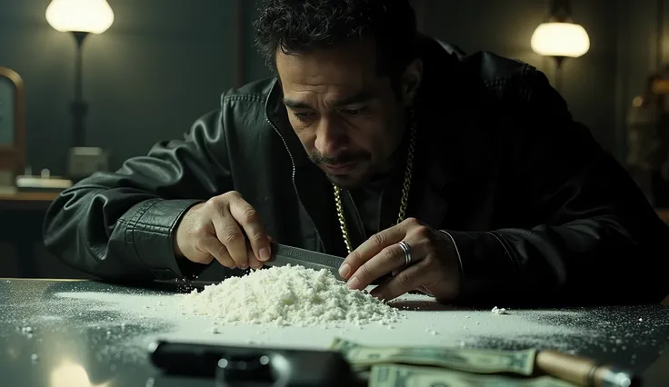 Cinematic extreme close-up of Karim, a man with a leather jacket and a gold chain, slicing through a tightly packed kilo of cocaine with a razor blade. Fine white powder dusts the reflective surface of the table. A flickering overhead light casts deep shad...