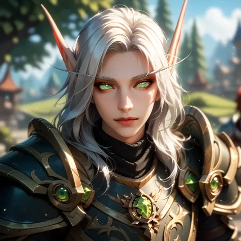 (Masterpiece), best quality, highest quality, highly detailed CG unity 8k wallpaper, original, high resolution, (depth of field: 1.5), fidelity: 1.3, solo focus, blood elf from World of Warcraft, green eyes, white hair, paladin, black armor, fully green ey...