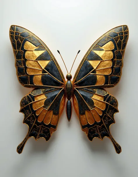 A patch work quilt butterfly, black and gold, shiny. 