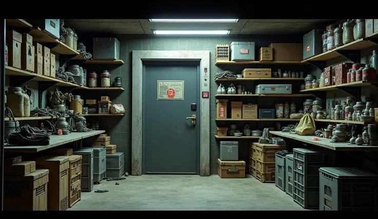 They store a lot of weapons, bullets, gas masks, and food in a room.