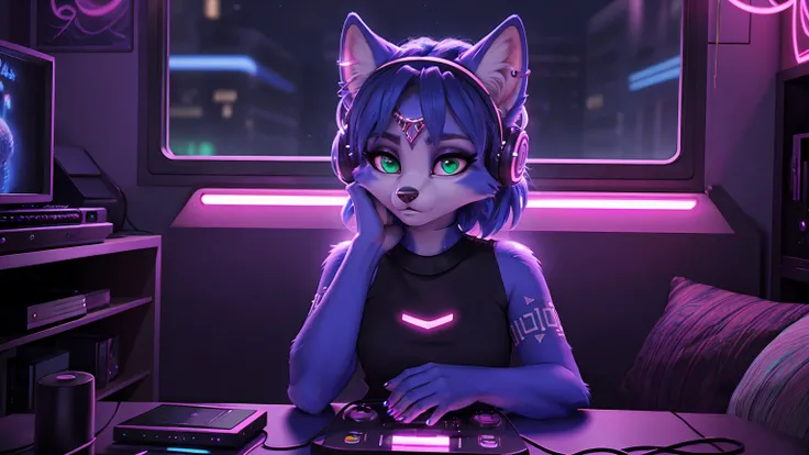 ((krystal)), Star Fox-Krystal, lovable,     green eyes, (((    long blue hair 1  .3))), Decollete, anthro, blurred,  detailed Fluffys fell,    detailed face , (Fluffy),     1 girl, ,woman, Goth,     green eyes, Undercut,   ultra-realistic 8k CG    ,     ma...