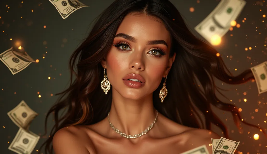 a beautiful 23 year old girl, smiling, happy, fashionable, sexy, wealthy, it girl, simple background, money scattered around, money flying around, sparkling lights, upper body shot, porcelain skin, long eyelashes, glossy lips, flowing hair, elegant jewelry...