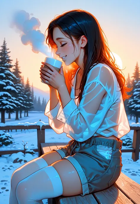 ( masterpiece,  highest quality ), 1 girl , pechos pequeños, Loose shirt, transparent shirt, panties over the waist , tall white stockings, shorts, open pants, sitting on the terrace ,  in profile, Tomorrow,Snow melting in the sun,sipping hot coffee ,Steam...