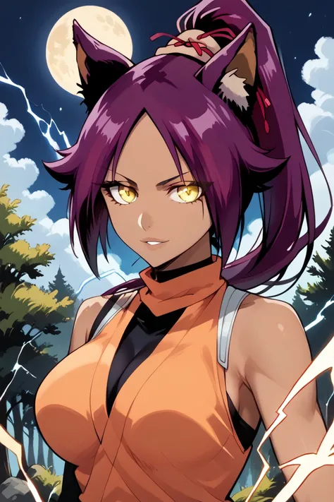 score_10_up, score_9_up, score_8_up, score_7_up, source_anime, 1girl, solo, (shihouin yoruichi), (purple hair), (yellow eyes), dark-skinned female, (big breasts), long hair, high ponytail, hair tie, animal ears, tail, (electrokinesis), (electricity), (conv...