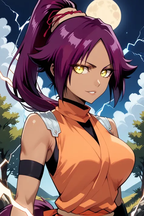 score_10_up, score_9_up, score_8_up, score_7_up, source_anime, 1girl, solo, (shihouin yoruichi), (purple hair), (yellow eyes), dark-skinned female, (big breasts), long hair, high ponytail, hair tie, animal ears, tail, (electrokinesis), (electricity), (conv...