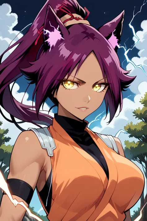 score_10_up, score_9_up, score_8_up, score_7_up, source_anime, 1girl, solo, (shihouin yoruichi), (purple hair), (yellow eyes), dark-skinned female, (big breasts), long hair, high ponytail, hair tie, animal ears, tail, (electrokinesis), (electricity), (conv...