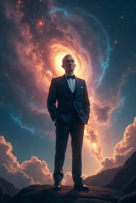 Make an image of a man with Down syndrome wearing gentleman's clothing with outer space in the background