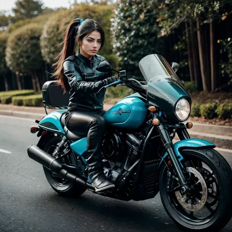 College girl, fair skin, loose ponytail, soft face, athletic, tight black and turquoise leather motorcycle jumpsuit, long sleeves, riding her high-tech motorcycle, outdoors,