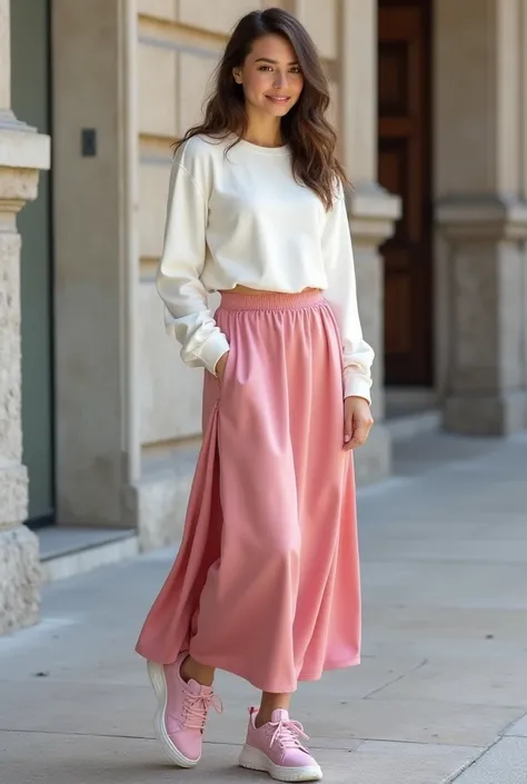  then I put on a long silk skirt that reaches my pink waist and fits me tight and marks my curves, a white long-sleeved sweater that reveals part of my navel and fits tight with a round neckline , I put on some pink sneakers ,  high waist with closed ends ...